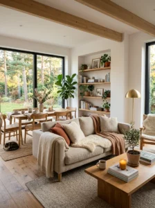 Alt Text: Homeowner reading home design tips in a comfortable Scandinavian living room