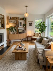 Well-designed living room combining storage lighting texture and personal decor