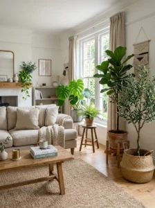 Real and artificial indoor plants styled together in a modern home