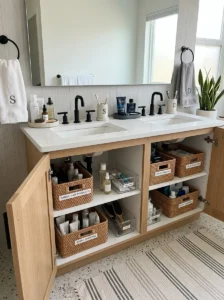Organized shared bathroom with separate storage zones for two people.