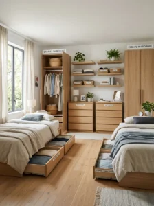 Clearly divided storage areas in a shared bedroom.