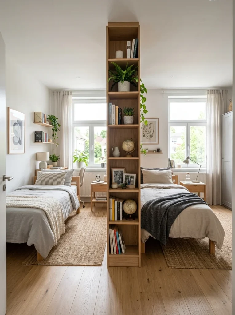 Modern shared bedroom divided into two functional personal spaces.