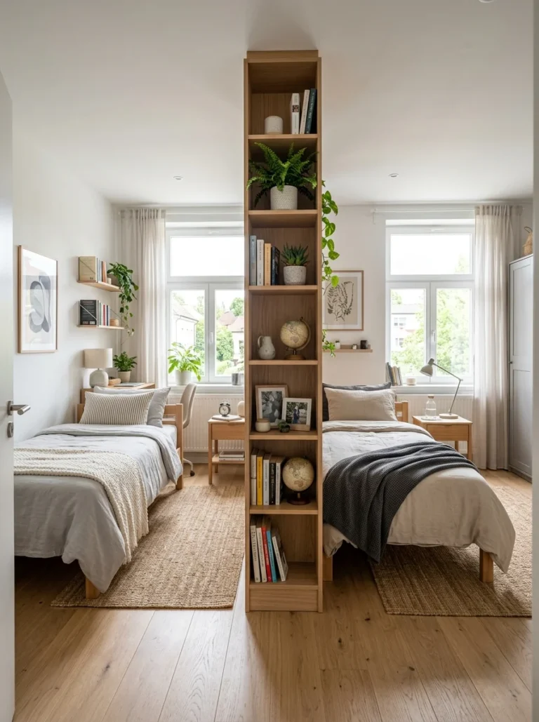 Modern shared bedroom divided into two functional personal spaces.
