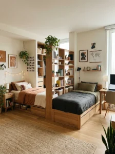 Bookshelf divider creating privacy in a shared bedroom.