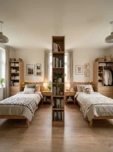 Well-designed shared bedroom with balanced personal spaces.