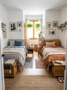 Shared bedroom balancing symmetry with personal style.
