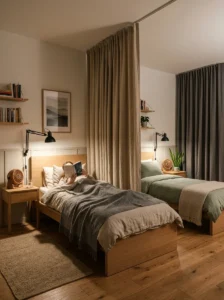 Separate lighting and comfort solutions for two people sharing a bedroom.