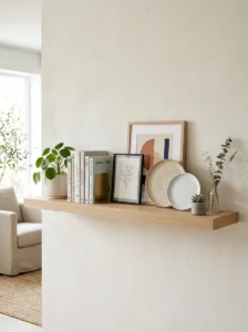 Tall bookshelf styled with baskets books and decorative accents