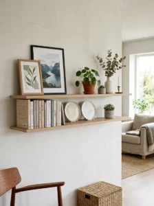 Shallow shelf styled with framed art books and decorative accessories