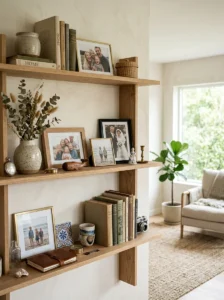 Personal keepsakes and family memories displayed on home shelves