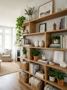 Well-styled shelves with balanced storage and decorative accessories
