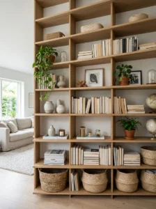 Tall deep shelving unit styled with layered decor and storage
