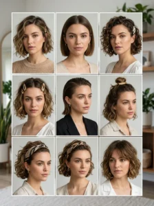 Alt Text: Multiple styling ideas for one short haircut.