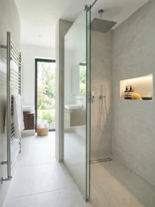 Luxury walk-in shower with linear drain and rainfall shower