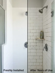 Comparison between new white grout and aged stained bathroom grout.