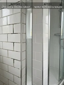 Before and after bathroom grout replacement.