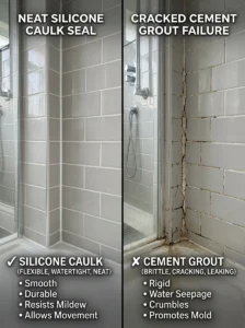 Difference between silicone caulk and grout in bathroom corners.