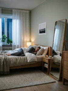 Mirror facing the bed reflecting the entire bedroom