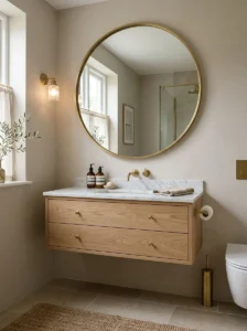 Small bathroom with a statement brass-framed mirror