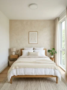 Small bedroom with a subtle textured accent wall and light ceiling for a balanced look