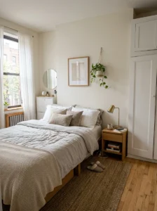 Small bedroom with a bed positioned against a side wall.