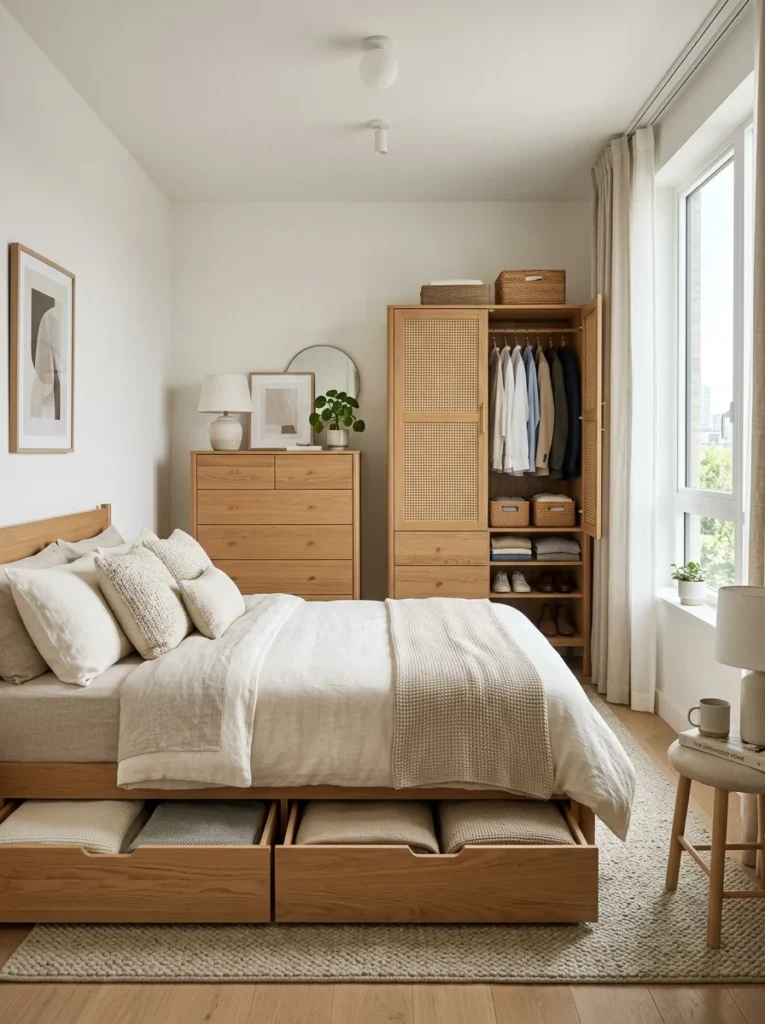 Alt Text: Freestanding wardrobe providing hanging storage in a bedroom without a closet.