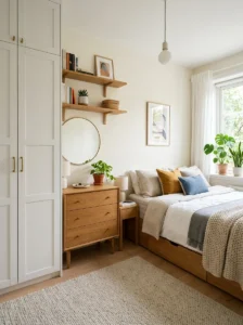 Alt Text: Organized bedroom with smart storage solutions replacing a traditional closet.
