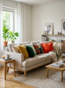 Bold accent throw pillows on a neutral sofa.