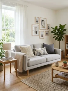 Throw pillow arrangement using one solid, one pattern, and one texture.