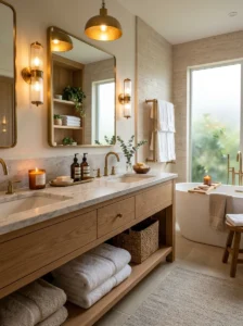Luxury bathroom featuring warm lighting and premium details