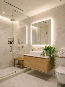 Luxury windowless bathroom with layered lighting and modern ventilation