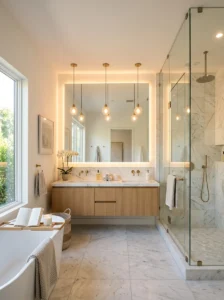 Large illuminated mirror making a windowless bathroom brighter