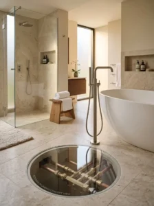 Well-organized spa-inspired bathroom with warm lighting and luxury finishes.