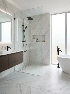 Large modern bathroom with spacious walk-in shower