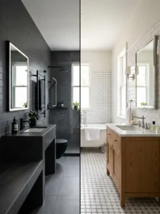 Gray tile bathroom compared with timeless white bathroom design