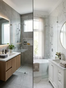 Comparison between walk-in shower and bathtub bathroom designs