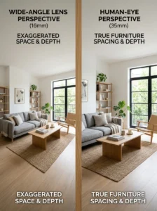 Alt Text: Wide-angle room photo compared with real-life room perspective