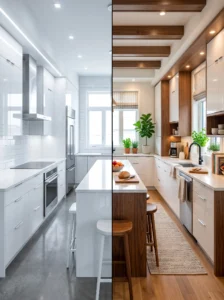 Cold modern kitchen compared with a warm inviting kitchen