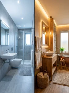 Comparison of a cold bathroom and a warm inviting bathroom