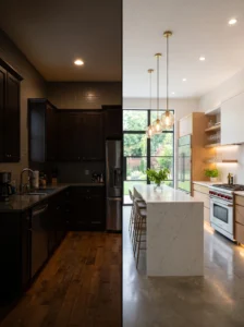 Windowless kitchen compared with a bright layered lighting kitchen