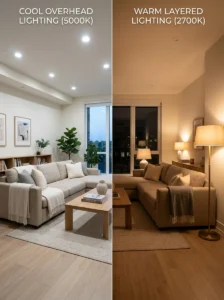 Comparison of cool and warm lighting in a neutral living room