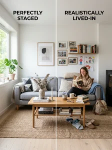 Alt Text: Staged living room compared with a real lived-in home
