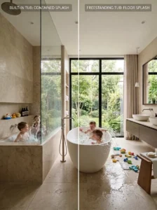 Freestanding bathtub compared with built-in bathtub for water containment.
