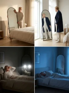 Full-length mirror placed beside a bedroom window