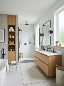 Balanced bathroom design suitable for two people with different styles.