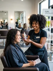 Alt Text: Curly hair specialist answering frequently asked questions.