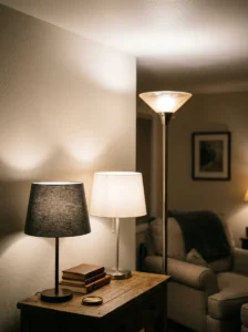 Different lampshades and lighting directions in a living room
