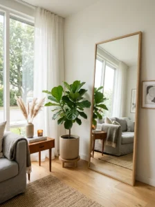 Floor mirror making an empty corner feel brighter and larger.