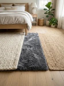 Alt Text: Wool, synthetic, and jute bedroom rugs