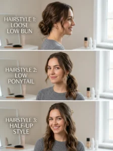 Quick hairstyles including a loose bun, low ponytail, and half-up style for busy mornings.